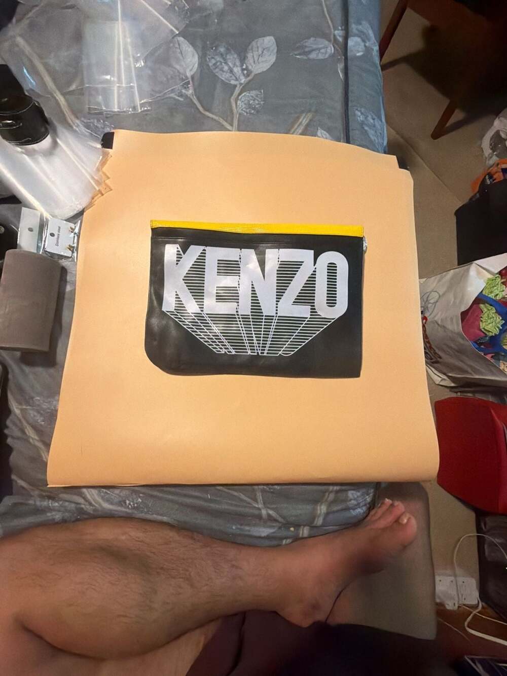 Kenzo Leather Clutch Black Yellow Paris Logo Patch